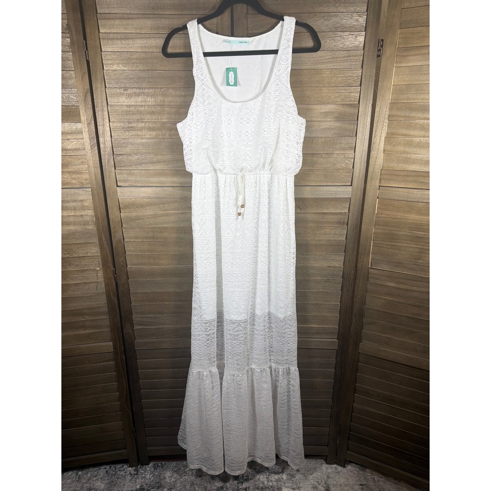 Maurices Women White Lace Maxi Dress Medium Boho Tiered Sleeveless Racerback NEW